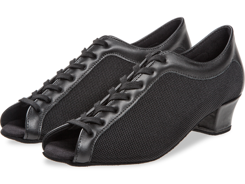 Naiste trennikingad - must pehme nappa-nahk / must võrgukangas, normaalsele jalale, Cuban konts 3,7 cm