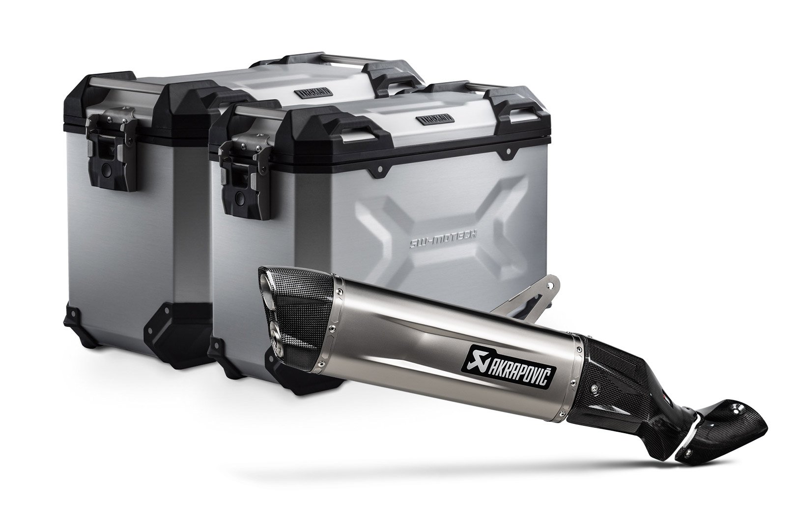 SW-Motech TRAX ADV side case set + Akrapovič Slip-On exhaust (silver) Kawasaki KLE500/KLE500 SE (26-)
