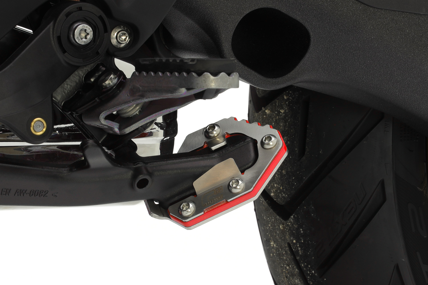 Crosspro extension for side stand foot (red / brushed stainless steel) BMW R 1300 GS / Adventure / Triple Black / Trophy (23-25)