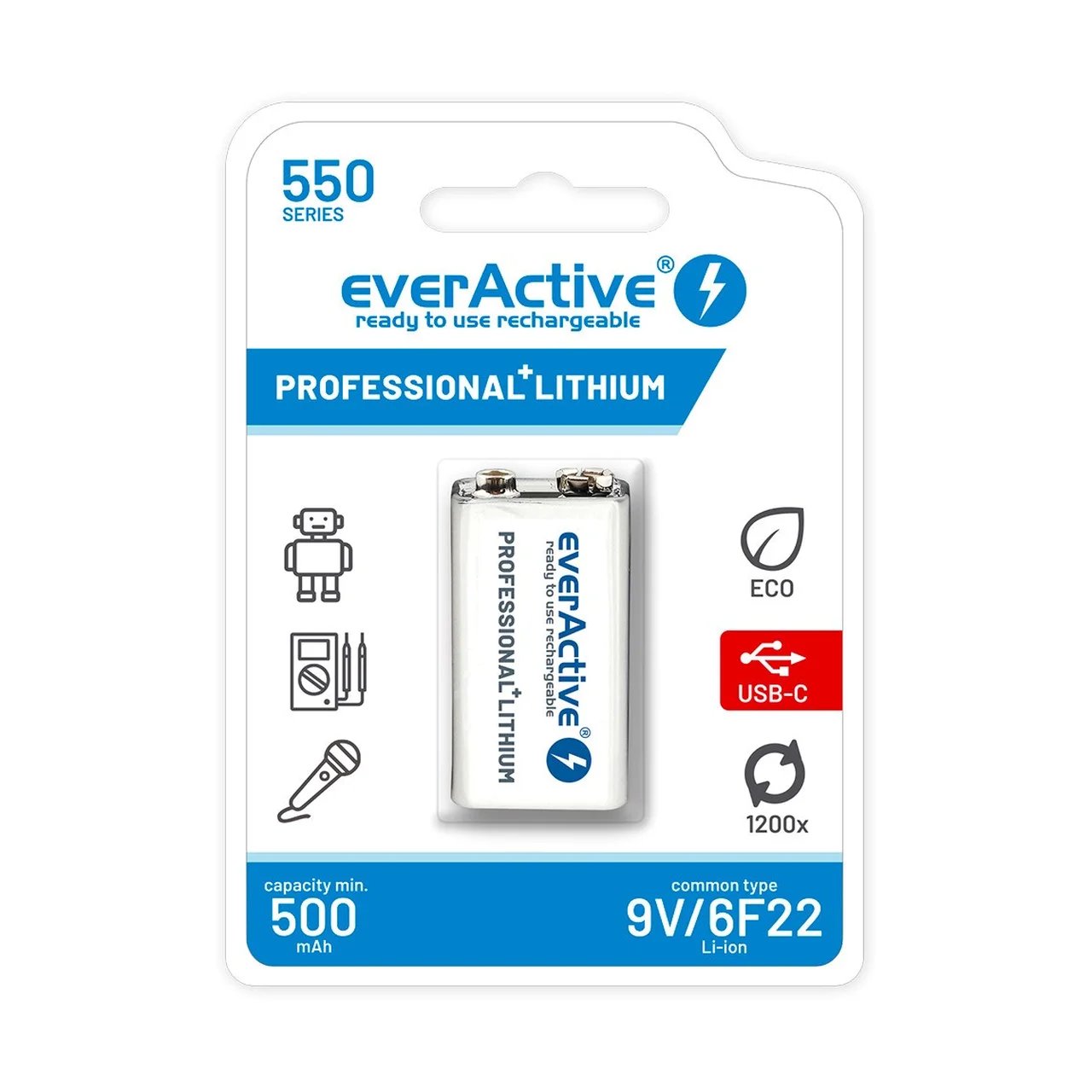 Everactive EVHR22-550C 9V 550mAh Li-ion atkārtoti uzlādējams akumulators ar USB-C uzlādi