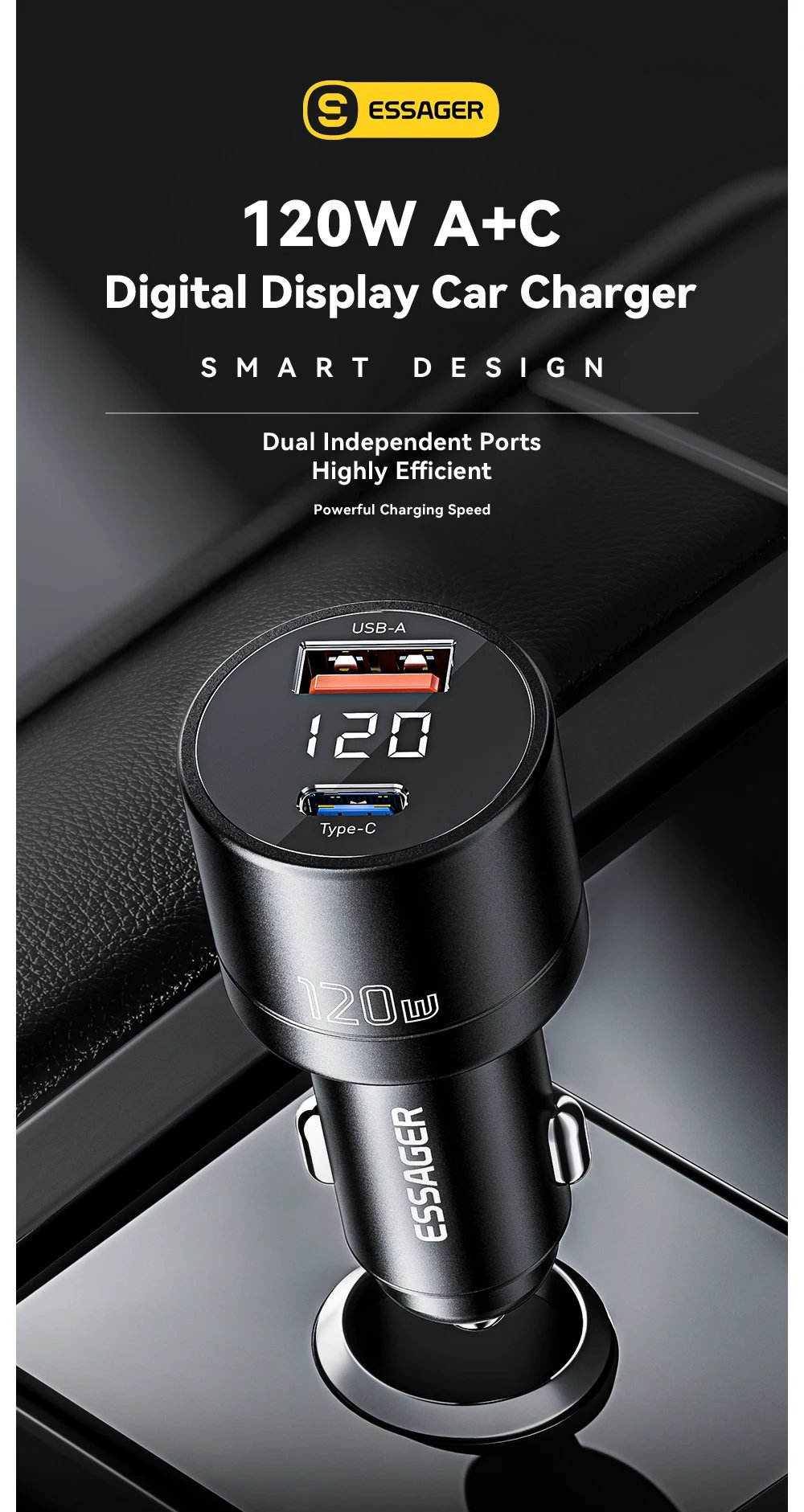 Essager USB-A+USB-C 120W lādētājs