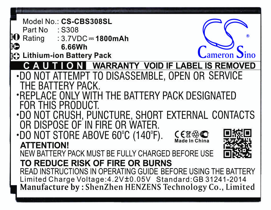 Cubot S308 3.7V 1800mAh Li-ion mobile phone battery