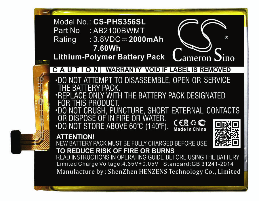 Philips AB2100BWMT 3.8V 2000mAh Li-Polymer Mobilephone akumulatoru
