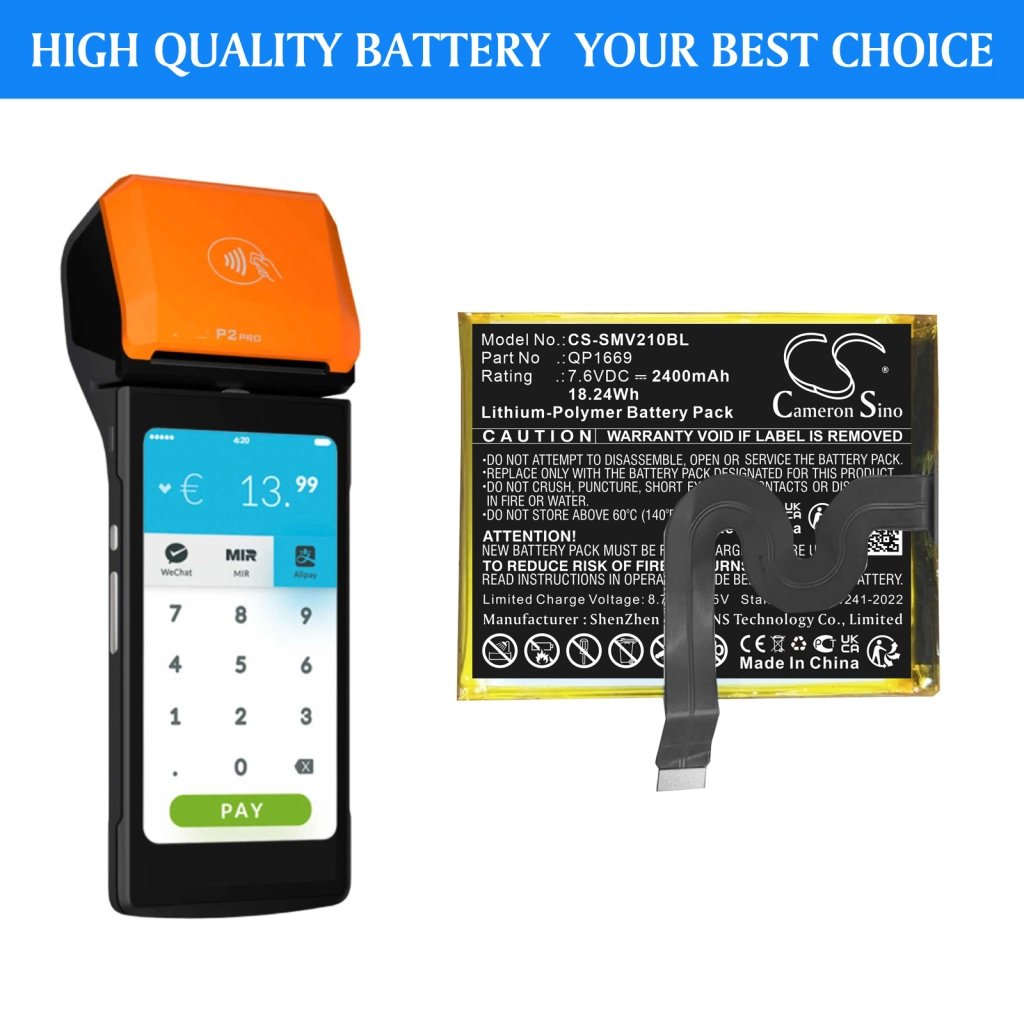 Sunmi QP1669,ZAP1522 7.6V 2400 mAh / 18.24 Wh makseterminali aku