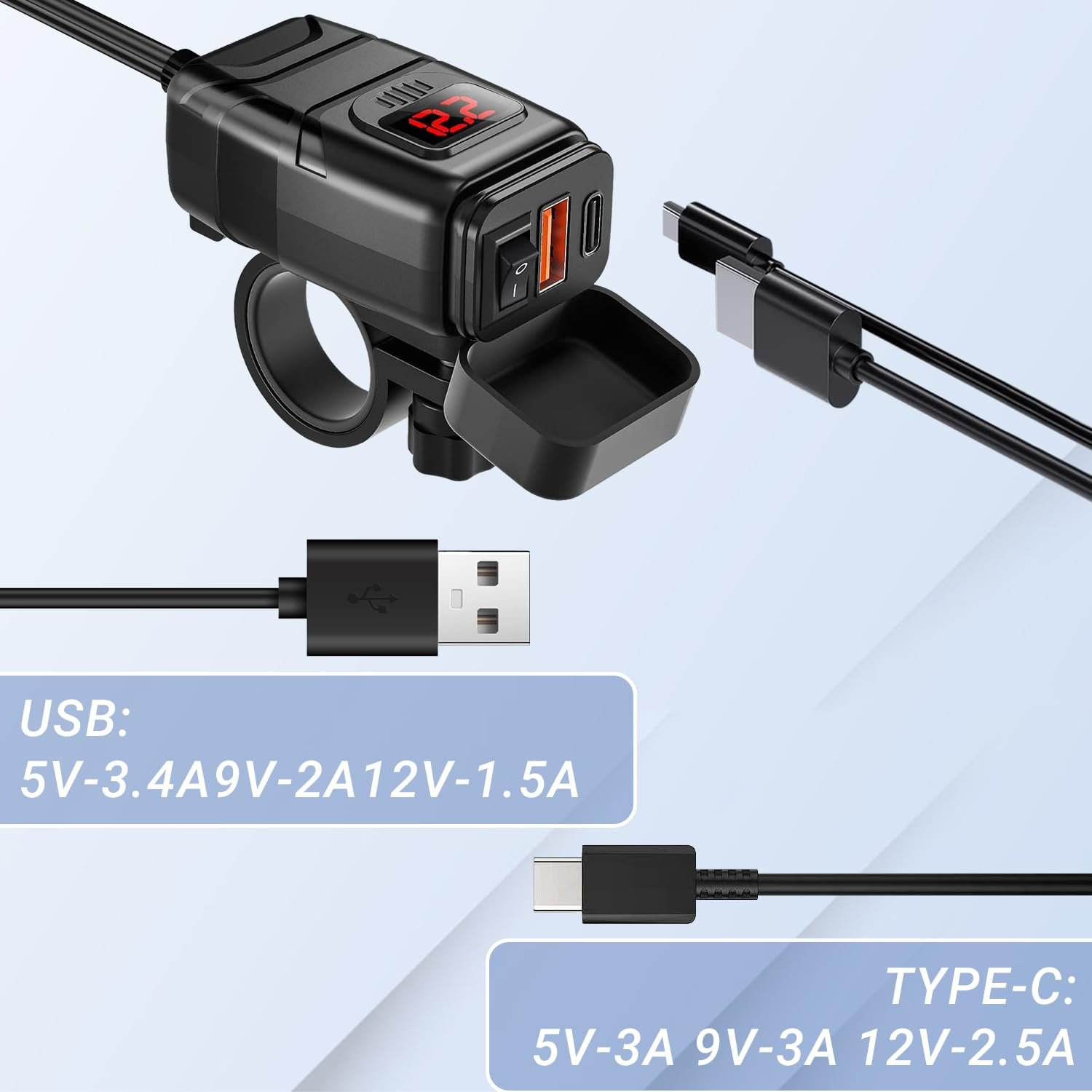 Motorcycle USB 12V charger for handlebar QC3.0 + USB-C