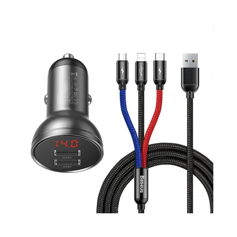 Baseus 2x USB autolaadija LCD-ekraaniga 4.8A 24W + 3-in-1 kaabel (USB Type-C / Micro-USB / Lightning) 1.2m, must (TZCCBX-0G)