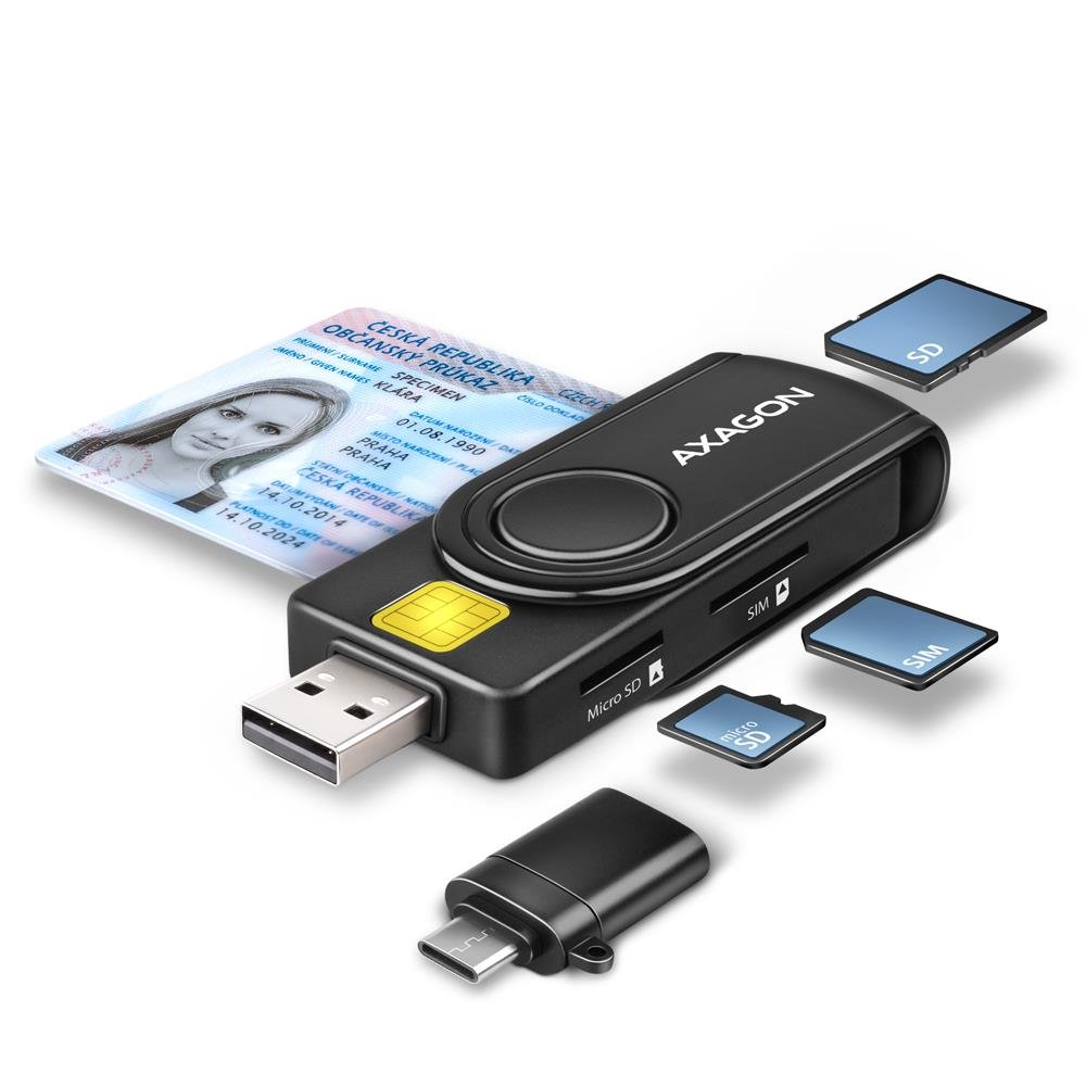 Axagon CRE-SMP2A USB-C + USB 2.0 -kortinlukija, 4 paikkaa